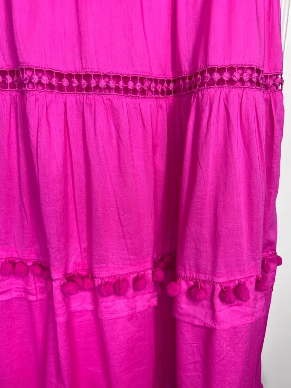 NWT J. Crew Pink Tiered Midi Dress with Flutter Sleeves and Pom Pom Trim Sz 14